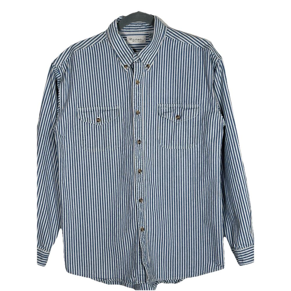 VTG Badge Denim Mens SZ XL heavy denim blue & white vertical striped long sleeve